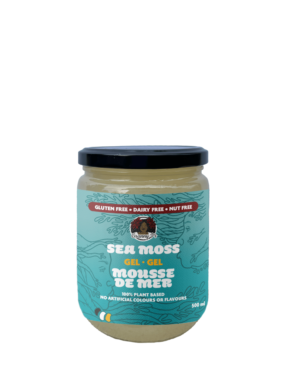 Granny P's sea moss gel in a glass jar with a blue label, white text, and dark red accents