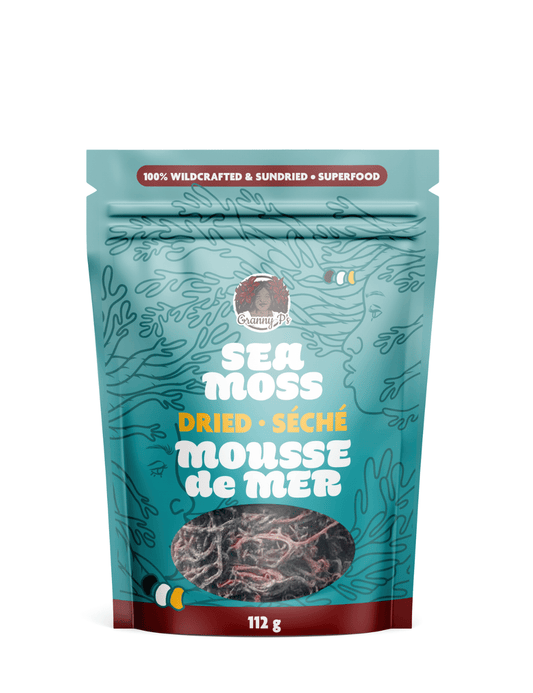 Granny P's Red Dried Seas Moss in a blue pouch with dark blue organic accent shapes